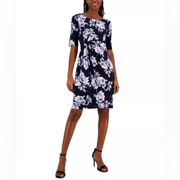 CONNECTED FAUX WRAP DRESS Petite Floral-Print -Waist Jersey Dress blue - Picture 1 of 15